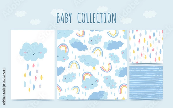 Fototapeta Cute baby collection seamless pattern with rainbow, clouds, rain for babies. Background in hand drawn style for children's room design, poster, wallpaper, textile, wrapping paper. Vector illustration