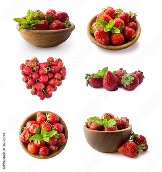 Fototapeta Strawberries isolated on white cutout. Berry with copy space for text. Various fresh summer fruits isolated on white. Set of strawberries isolated on white. Strawberry from different angles on white.