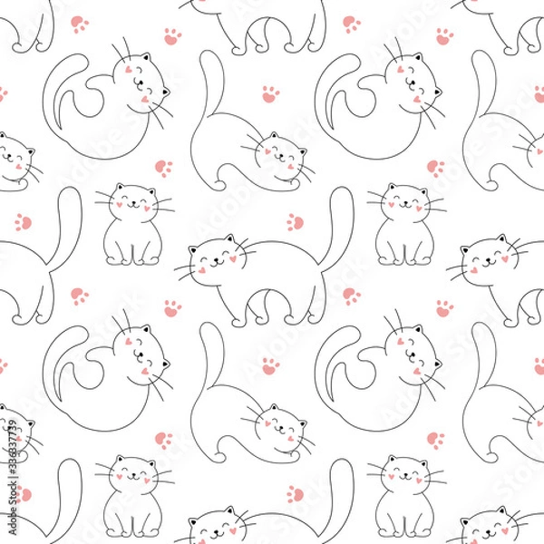 Fototapeta Seamless pattern of cute kittens in lines. Cartoon print for textile, wrapping, fabric, wallpaper. Vector illustration on a white background.