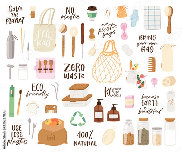Fototapeta Big set of Zero Waste recycle and reusable products with lettering quotes. Go green, eco style, no plastic, save the planet objects for home, shopping and cosmetics. Durable vector collection 