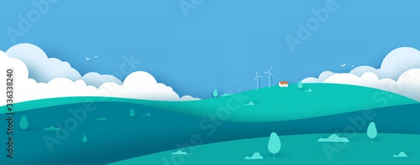 Fototapeta Wide green nature landscape concept with clouds , hills, house on blue background. scenery banner background paper art style. Template for cards. Vector illustration.