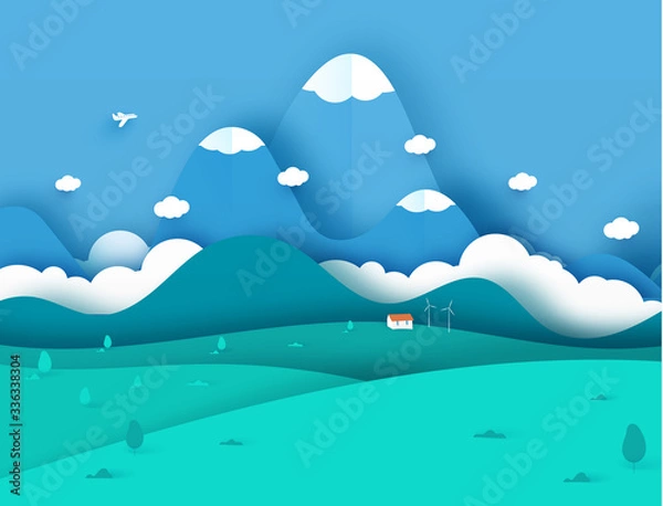 Fototapeta Ecology concept and nature landscape scenery with house, airplane and mountains paper art style design.teamplate for cards. Vector illustration.