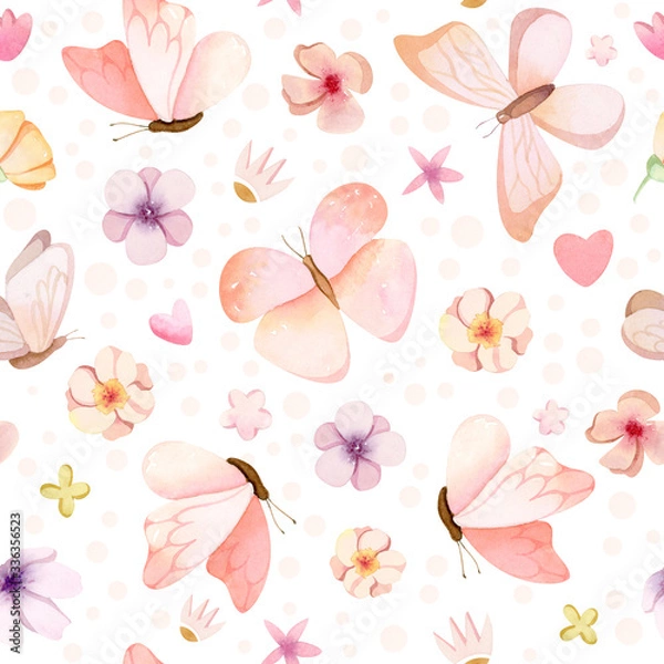 Obraz Hand painted watercolor cute pastel butterflies seamless pattern - background. 