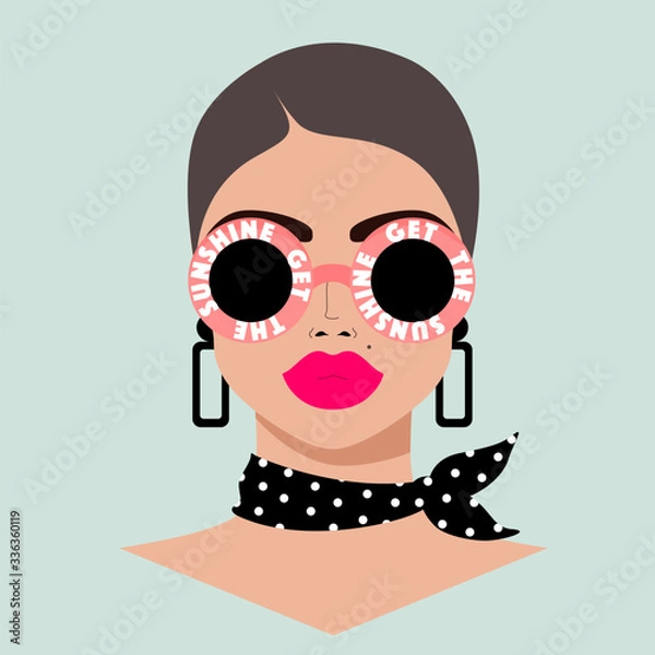 Fototapeta Girl in trendy sunglasses retro poster. Sunglasses with text. Beautiful woman's face. Girl wearing polka dot scarf and modern sunglasses. Summer poster design for web and print. Retro fashion look.