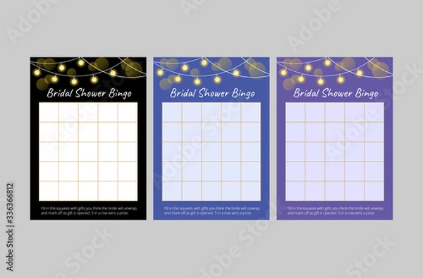 Obraz Set of cards for bridal shower game. Black, blue and purple bingo cards with glowing lamp garlands. Scaled vector templates of 10*14 in size