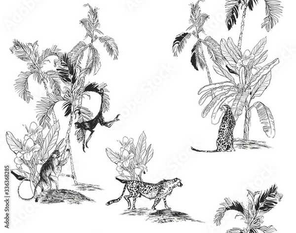 Obraz Cheetah, Monkeys Wild Animals in Tropical Jungle Engraving Illustration Grey on White Background, Hand Drawn Tropical seamless Pattern, Exotic Wildlife Textile Print, Monochrome Toile Drawing