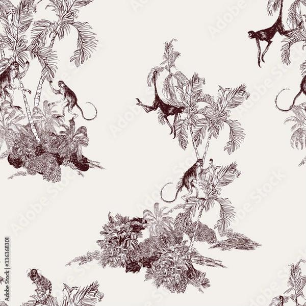 Obraz Jumping Monkeys on Palm Trees Jungle Tropical Islands Vintage Toile Etching, Hand Drawn Lithography Oriental Print, Exotic Wildlife on Palm Trees Isolated Groups
