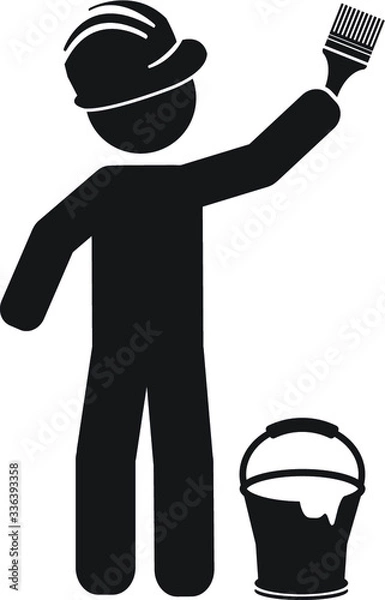Fototapeta Construction worker painting, with paint brush and bucket vector icon
