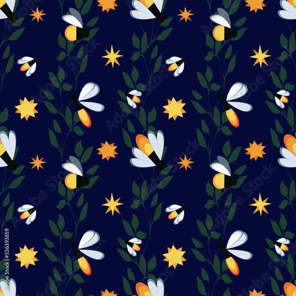Fototapeta Seamless vector pattern with fireflies, branches,leaves and stars on a dark blue background.Child pattern for fabric,wrapping paper, textiles for bed linen and other materials.