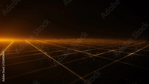 Fototapeta Abstract background shining golden floor ground particles stars dust perspective grid with flare. Futuristic glittering in space on black background.	