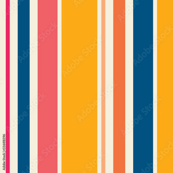 Obraz Colorful vector vertical stripes pattern. Simple seamless texture with thin and thick straight lines. Stylish abstract geometric striped background in bright colors, yellow, pink, orange, peach, blue