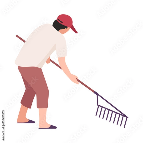 Obraz Man Collecting Trash with Rakes, Male Volunteer Picking Garbage Outdoors, Guy Cleaning the Beach from Pollution Vector Illustration