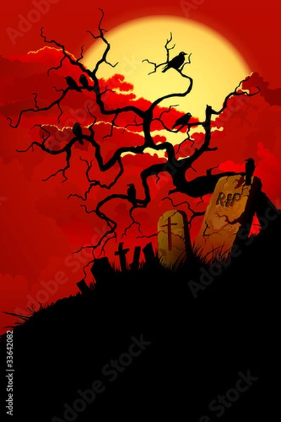 Fototapeta Halloween background with tree, crows and cemetery