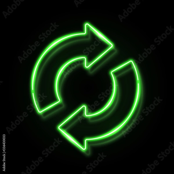 Fototapeta 3d neon refresh reload restart icon with reflection isolated on black background. Green glowing recycling symbol. Night circle 2 arrow sign. Recycle design. Ecology element bright vector illustration.