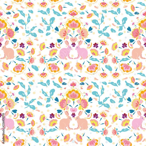 Fototapeta Vector folk art boho easter bunny pattern on white dotted background. Happy spring design. Event and holidays. Surface pattern design.