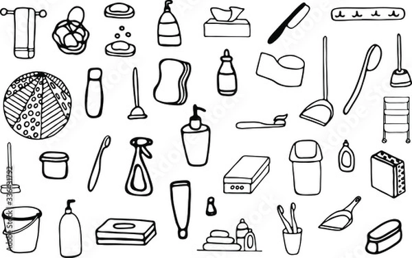Fototapeta Bathroom icons set. Hand drawn vector icons isolated on the white background. Many beauty, hygiene, cosmetic, antibacterial things drawn in doodle style. Simple toiletries in one icons set.