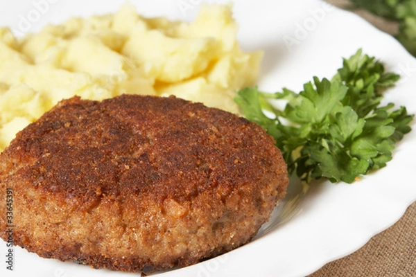 Obraz Cutlet with mashed potatoes and vegetables