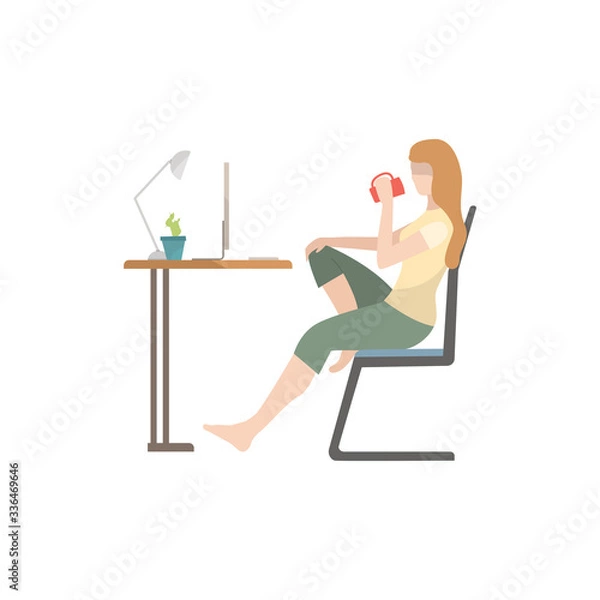 Fototapeta Woman sitting at table, drinking tea and using computer flat icon. Freelance, student, internet. Leisure concept. illustration can be used for topics like domestic life, business, technology