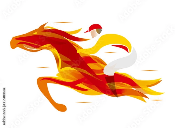 Obraz Fiery horse with jockey. 
Colorful stylized illustration of Jockey on the  running fire horse. Vector available.