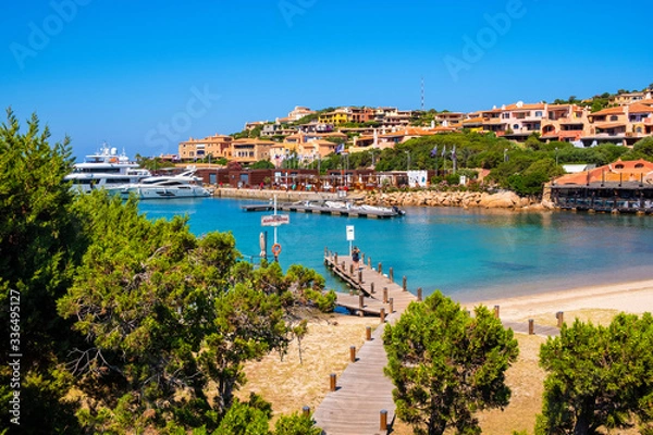 Fototapeta Porto Cervo, Sardinia, Italy - Panoramic view of luxury yacht port and marina of Porto Cervo resort at the coast of Tyrrhenian Sea