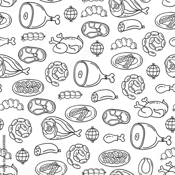 Fototapeta Vector pattern on the theme of food. Background with isolated meat, sausage, chicken, pork, beef on white color. Line art