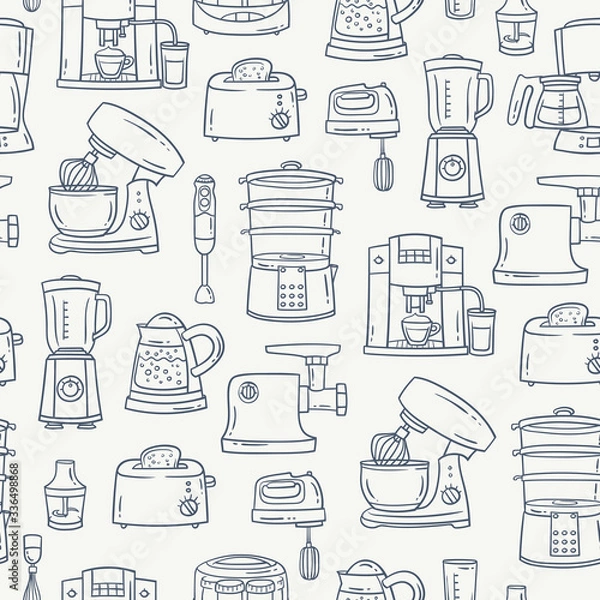 Obraz Vector pattern on the theme of kitchen appliances and electronics. Background with сooking technique on beige color. Line art