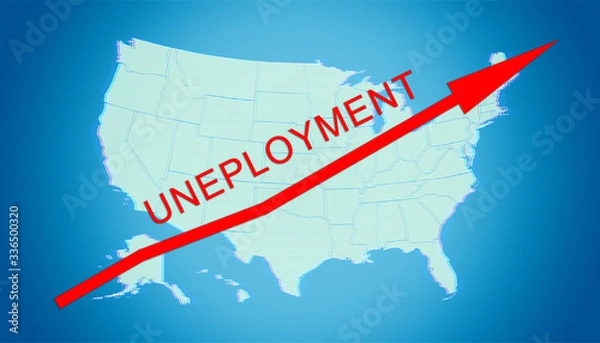 Obraz Word UNEPLOYMENT and growing up red arrow on USA map background. Concept of increase in the number of unemployed in USA. Elements of this image furnished by NASA