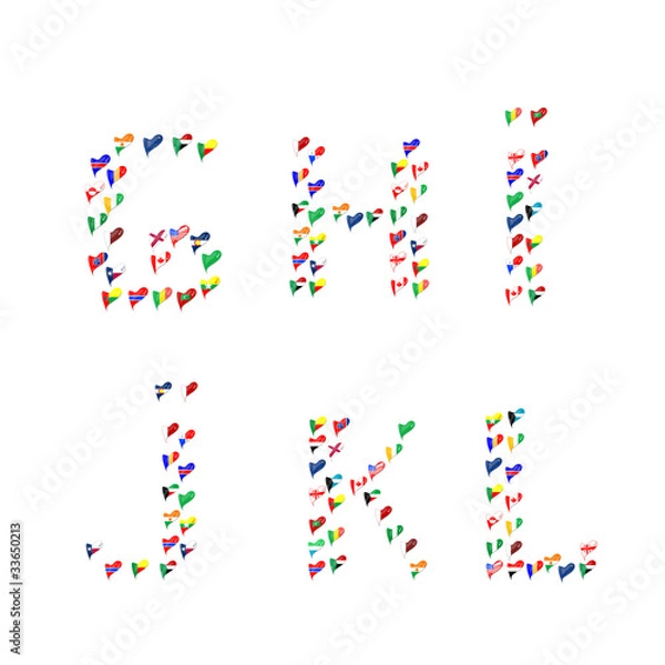 Fototapeta Alphabet letters made of flags in heart