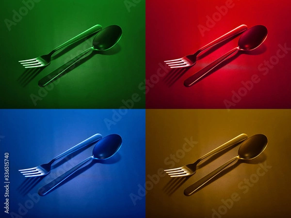 Fototapeta A collage for a poster with cutlery fork and spoon on a red, blue, gold and green background. You can change color