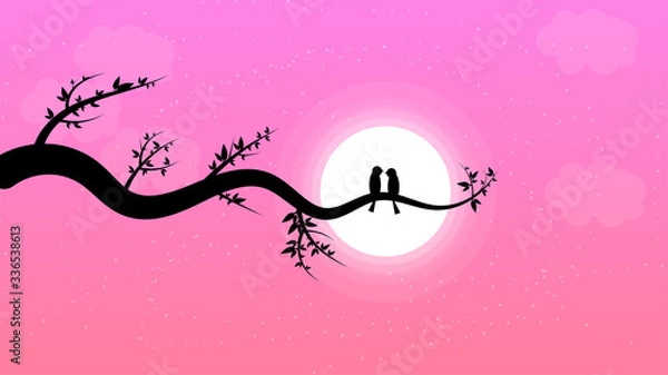 Fototapeta silhouette landscape of a pair of birds staring at the moon like a romantic scene.