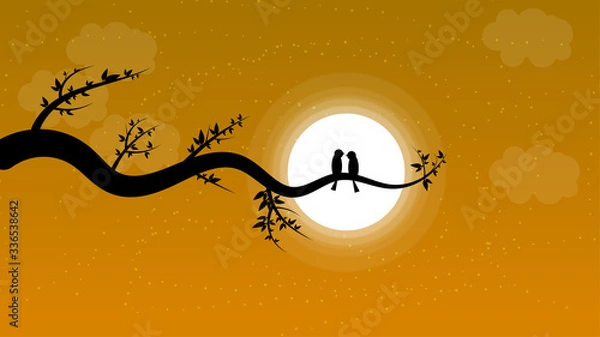 Fototapeta silhouette landscape of a pair of birds staring at the moon like a romantic scene.