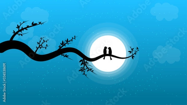 Fototapeta silhouette landscape of a pair of birds staring at the moon like a romantic scene.