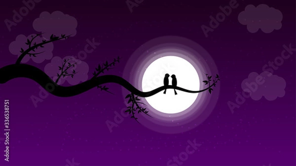 Fototapeta silhouette landscape of a pair of birds staring at the moon like a romantic scene.
