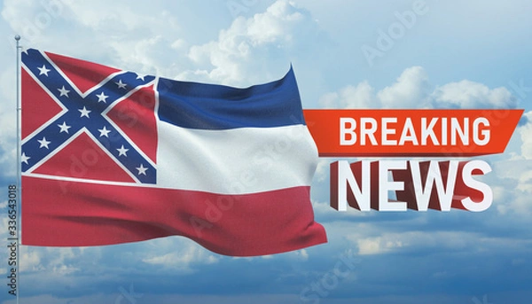 Fototapeta Breaking news. World news with background waving flag of the states of USA. State of Mississippi flag. Pandemic 3D illustration.