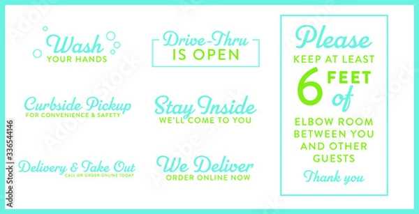 Obraz COVID-19 Corona Virus Messaging Typography Set - Wash Your Hands, Drive-Thru Open, Curbside Pickup, Stay Inside, Delivery+Take Out, 6 feet