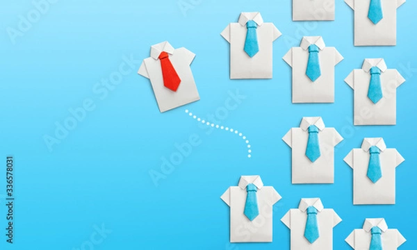 Fototapeta Different way to achieve the goal. Group of businessmen in shirt and ties on blue background. Copy space for text
