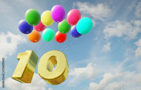 Obraz Golden number ten flies high in the sky in balloons. Happy birthday and anniversary
