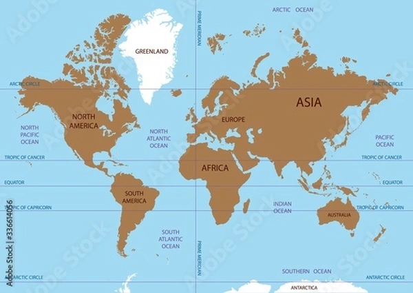 Obraz Vector map of the world. Oceans and continents on a flat projection. The globe on the plane. Vector illustration