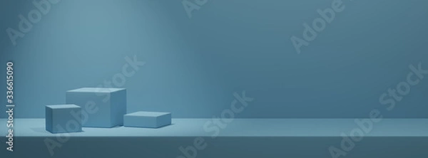 Fototapeta Leere Podeste zur Warenpräsentation auf einfarbigem blauen Hintergrund