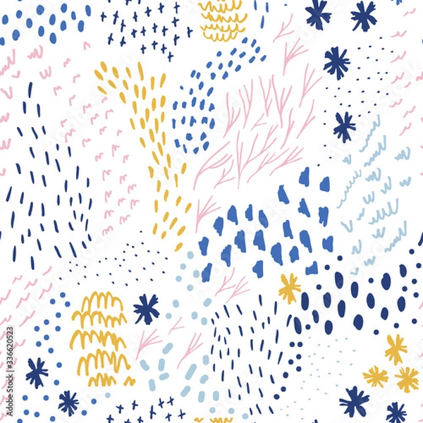Fototapeta Vector organic seamless abstract background, botanical motif, freehand doodles pattern with stylized flowers, simple shapes, doodles and marks in pastel colors drawn with markers on white background.