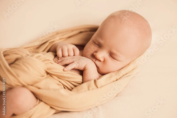 Fototapeta portrait of a newborn baby boy on a beige background
