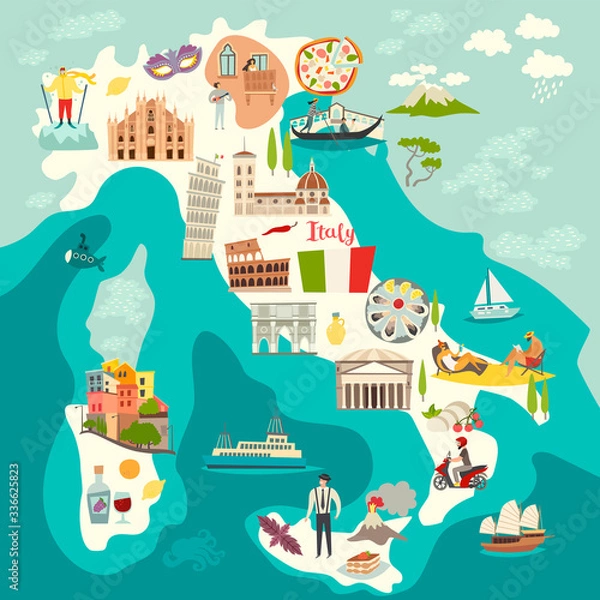 Fototapeta Italy map vector. Illustrated colored map of Italy. Cartoon abstract atlas of Italy with landmark: Coliseum, The Rome Cathedral, Milan Cathedral and Pisa Tower. Gondola on Canal Grande, venetian mask