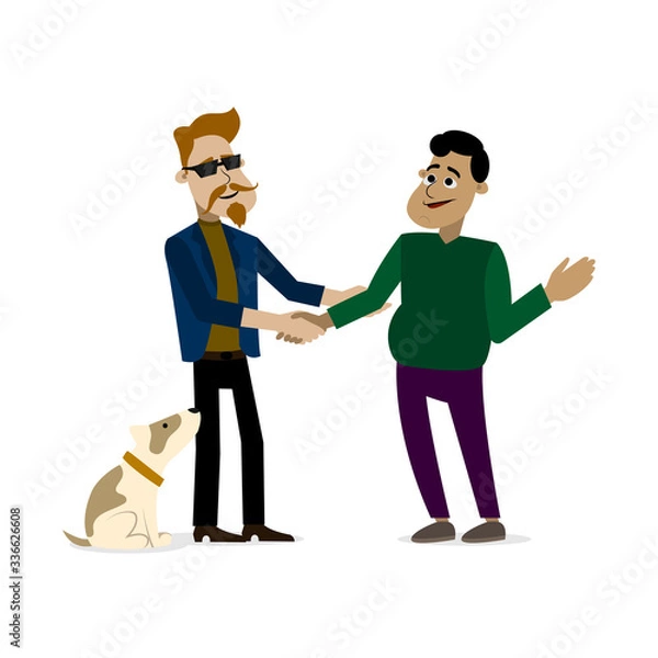Fototapeta Flat illustration. A guy with glasses with a dog shakes hands with his friend when they meet.