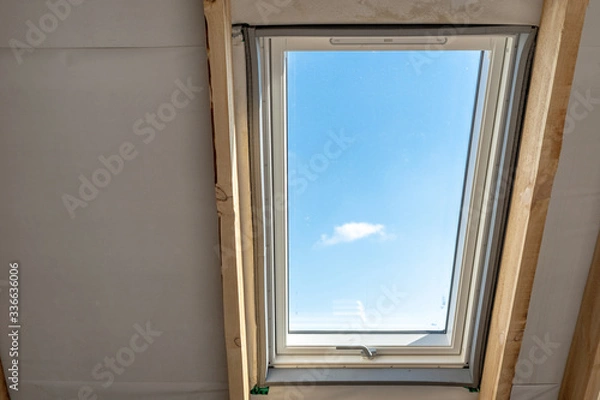 Fototapeta Plastic mansard window with triple glasses and clear view on sky