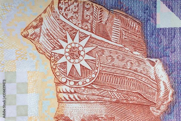 Fototapeta Hundred Malaysia Ringgit MYR or 100 Malaysia Ringgit Cash Banknotes macro view. Selective focus, crop fragment and Business Concept.