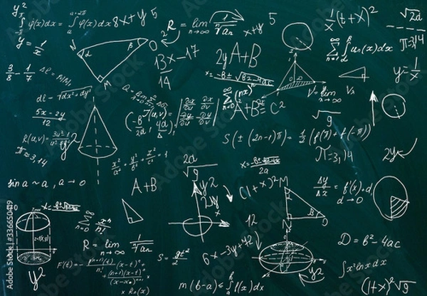 Fototapeta close up of math formulas on a blackboard