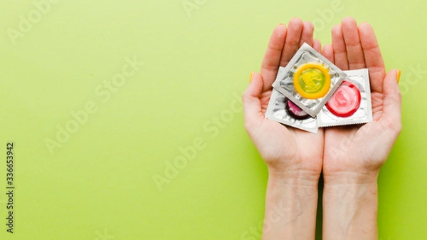 Fototapeta Flat lay contraceptive method composition with copy space