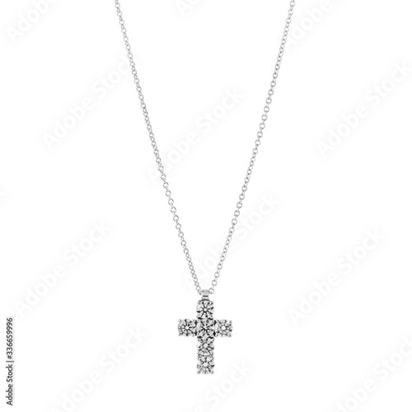 Obraz Cross pendant on a white gold chain with diamonds isolated on a white background