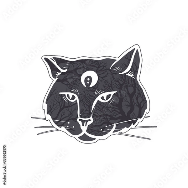 Fototapeta Magic cat face with moon on forehead isolated on white background. Cat head with dead tree branches texture. Halloween, occult and magic theme element.