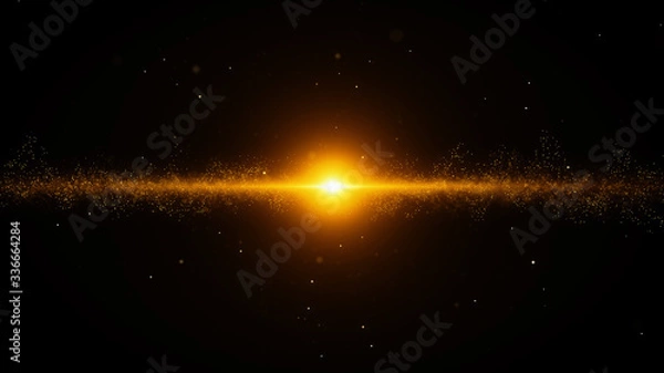 Fototapeta gold particles flare abstract background with shining golden big bang particle stars dust on dark galaxy. Beautiful futuristic glittering in space on black background.	